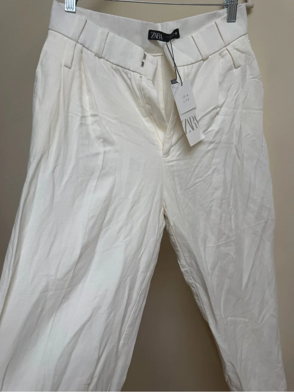 Zara White Pleated Linen-Blend Wide Leg Pants